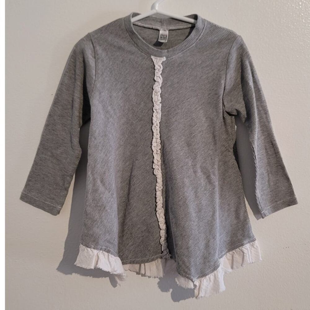 NANO Ruffle Front Crewneck Long Sleeve Ribbed Tunic Dress Gray 3